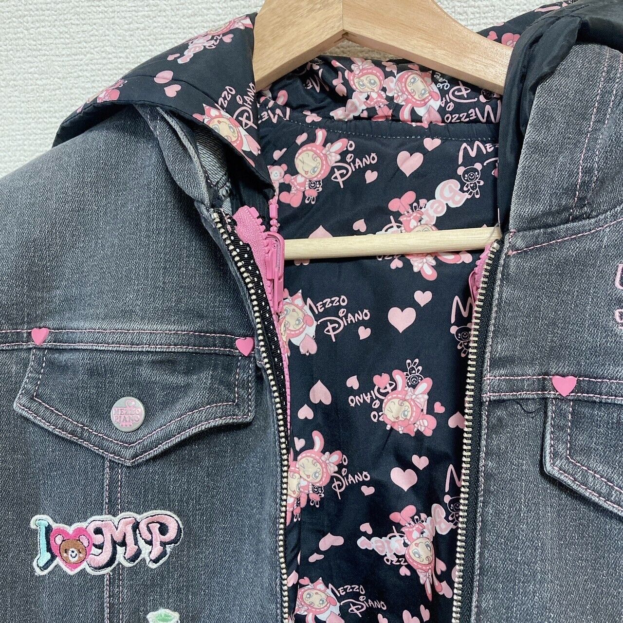 Mezzo Piano Denim Jacket Black Berriechan M size Pink Rabbit Heart Pocket Kawaii