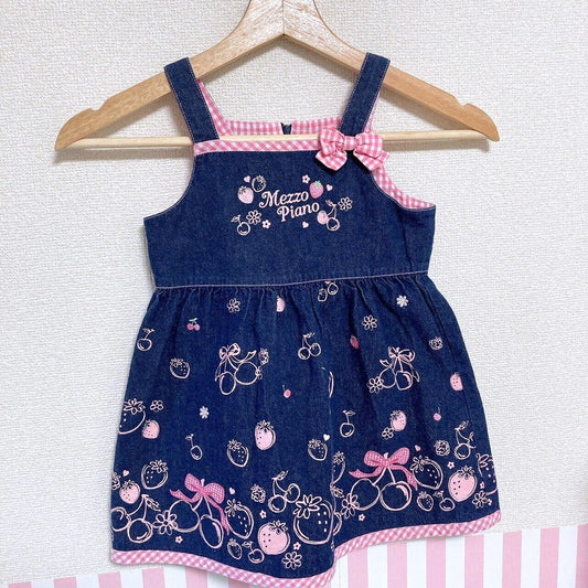 Mezzo Piano Dress 100 Denim Cherry Strawberry Ribbon Gingham Check Navy Pink