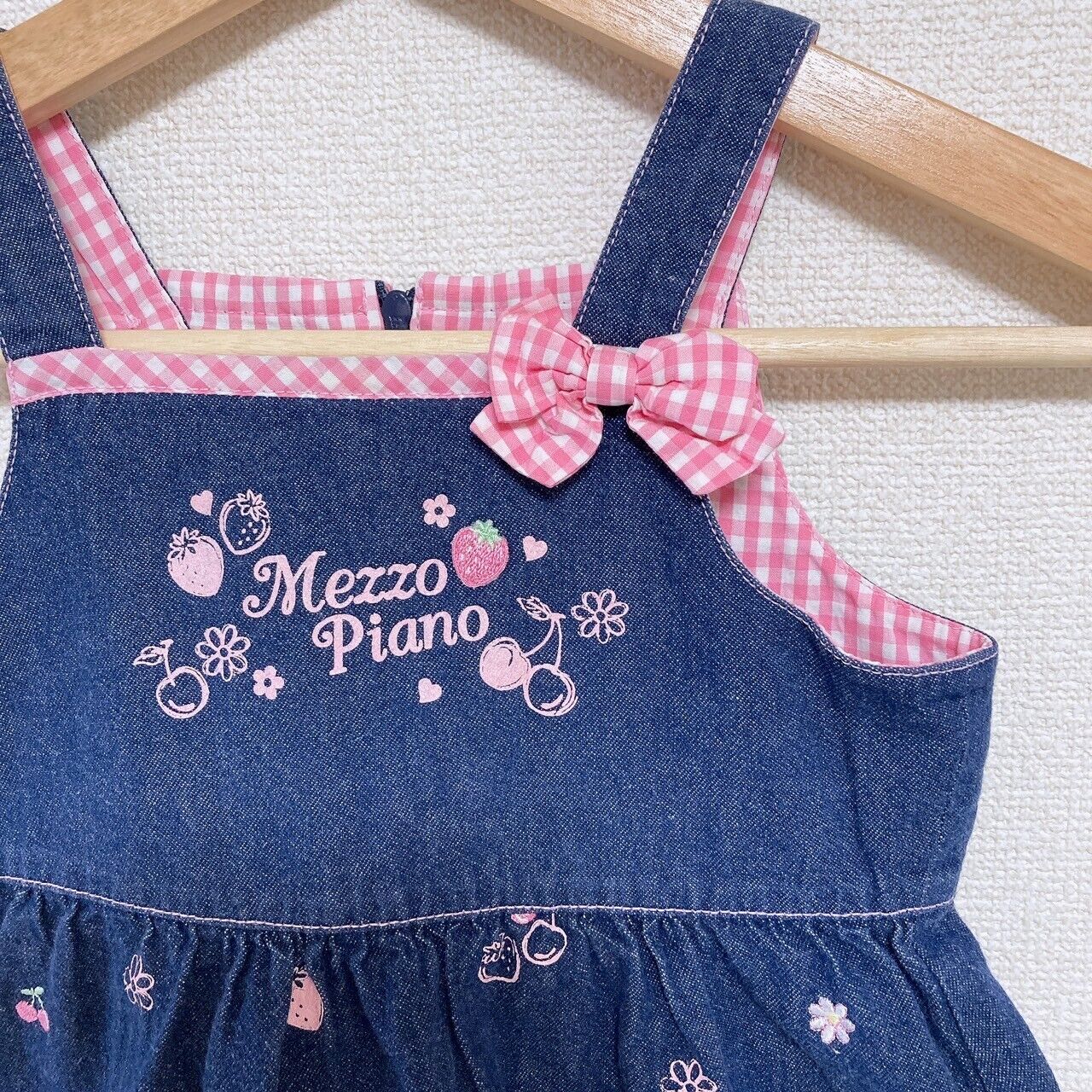 Mezzo Piano Dress 100 Denim Cherry Strawberry Ribbon Gingham Check Navy Pink