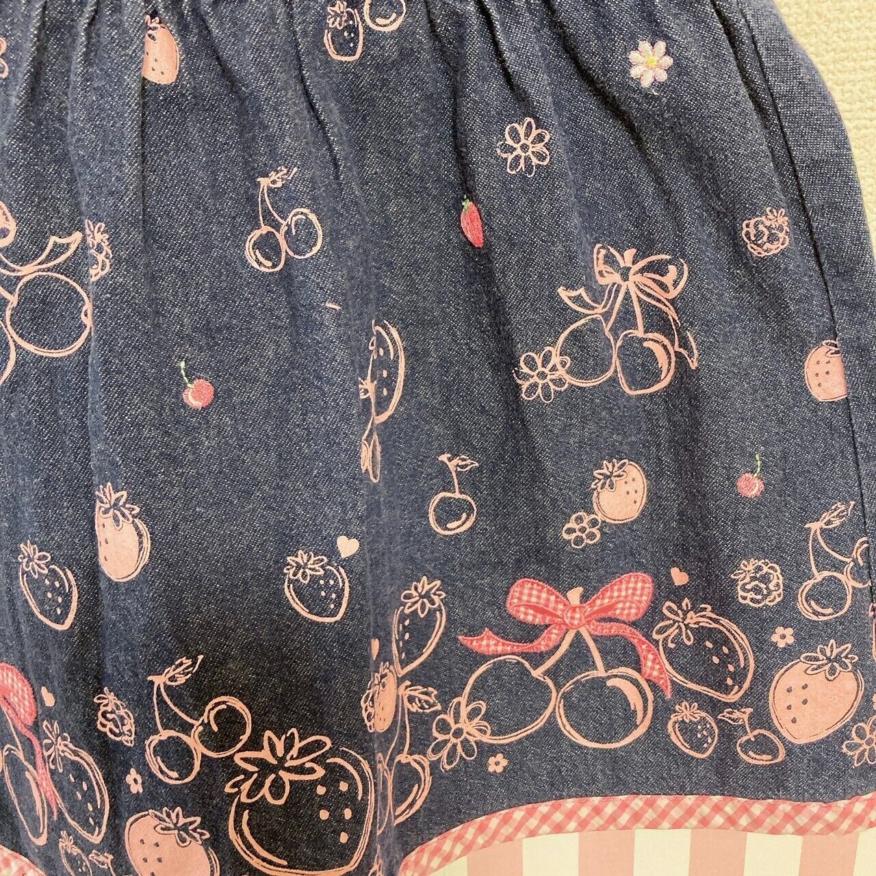 Mezzo Piano Dress 100 Denim Cherry Strawberry Ribbon Gingham Check Navy Pink