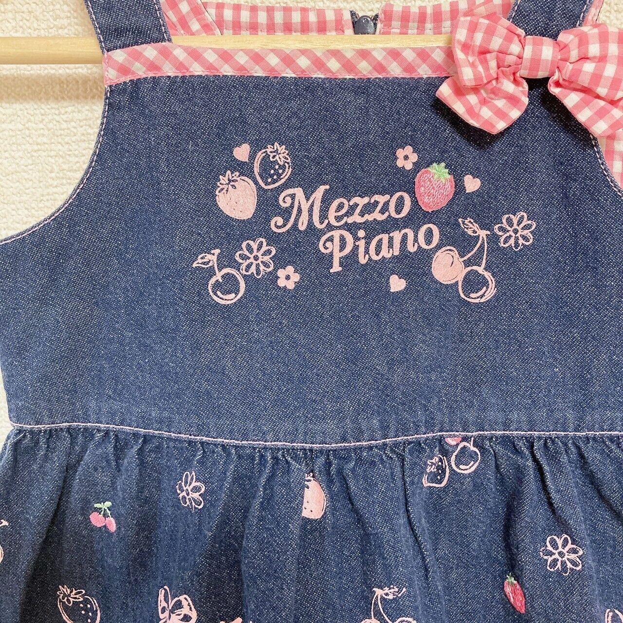 Mezzo Piano Dress 100 Denim Cherry Strawberry Ribbon Gingham Check Navy Pink