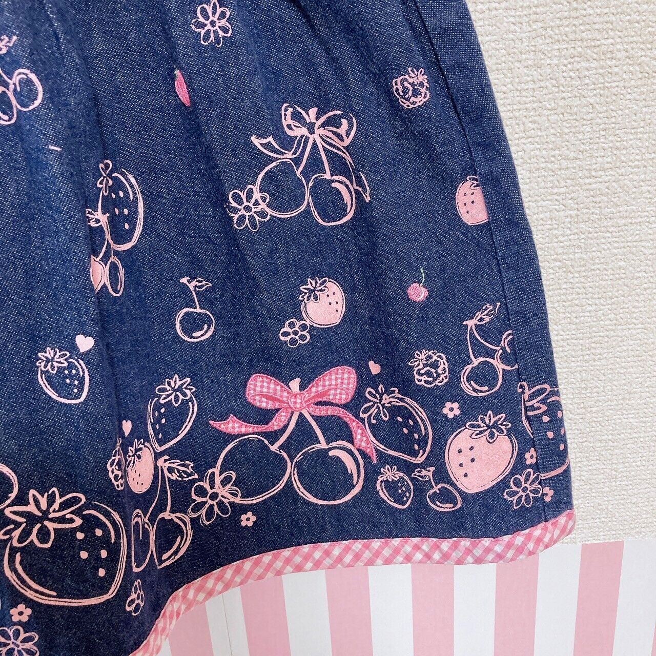 Mezzo Piano Dress 100 Denim Cherry Strawberry Ribbon Gingham Check Navy Pink