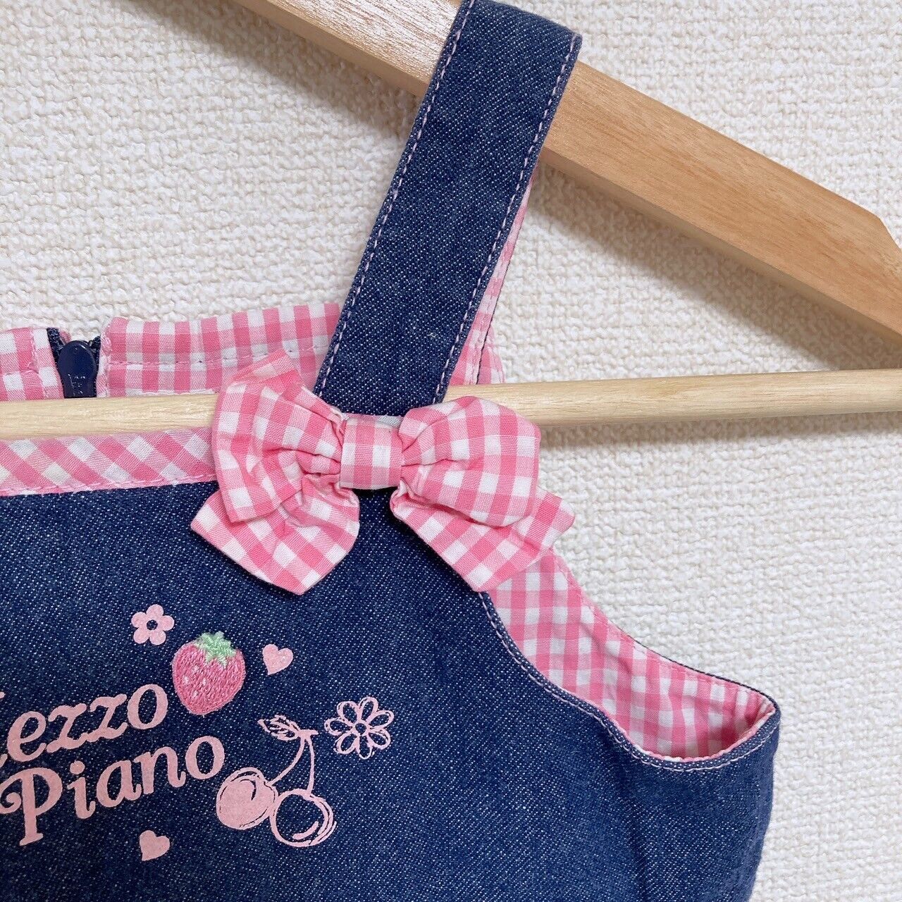 Mezzo Piano Dress 100 Denim Cherry Strawberry Ribbon Gingham Check Navy Pink