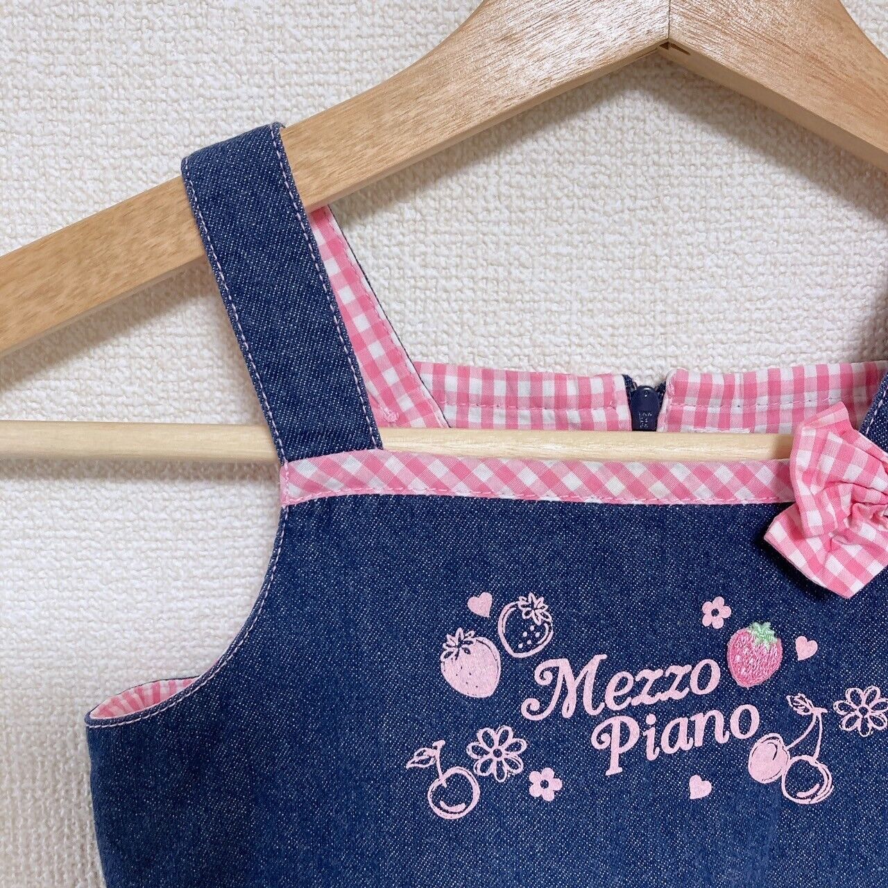 Mezzo Piano Dress 100 Denim Cherry Strawberry Ribbon Gingham Check Navy Pink