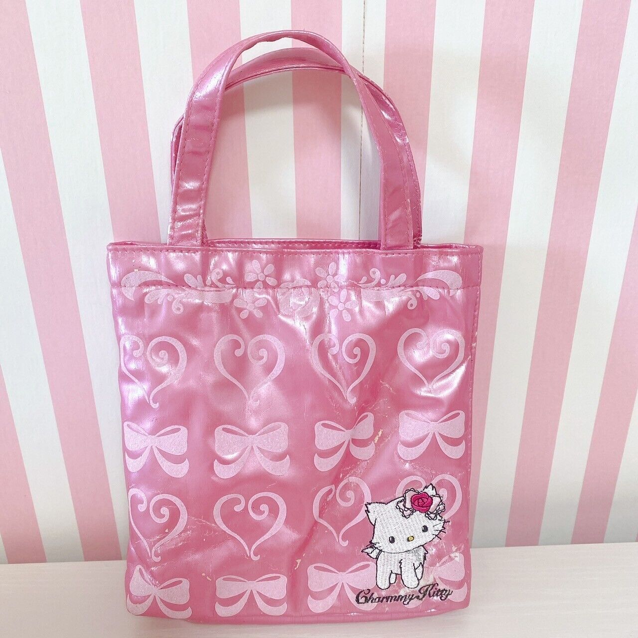 Sanrio Charmmy Charmy Kitty Tote Hand Bag Pink Ribbon Heart Embroidered Kawaii