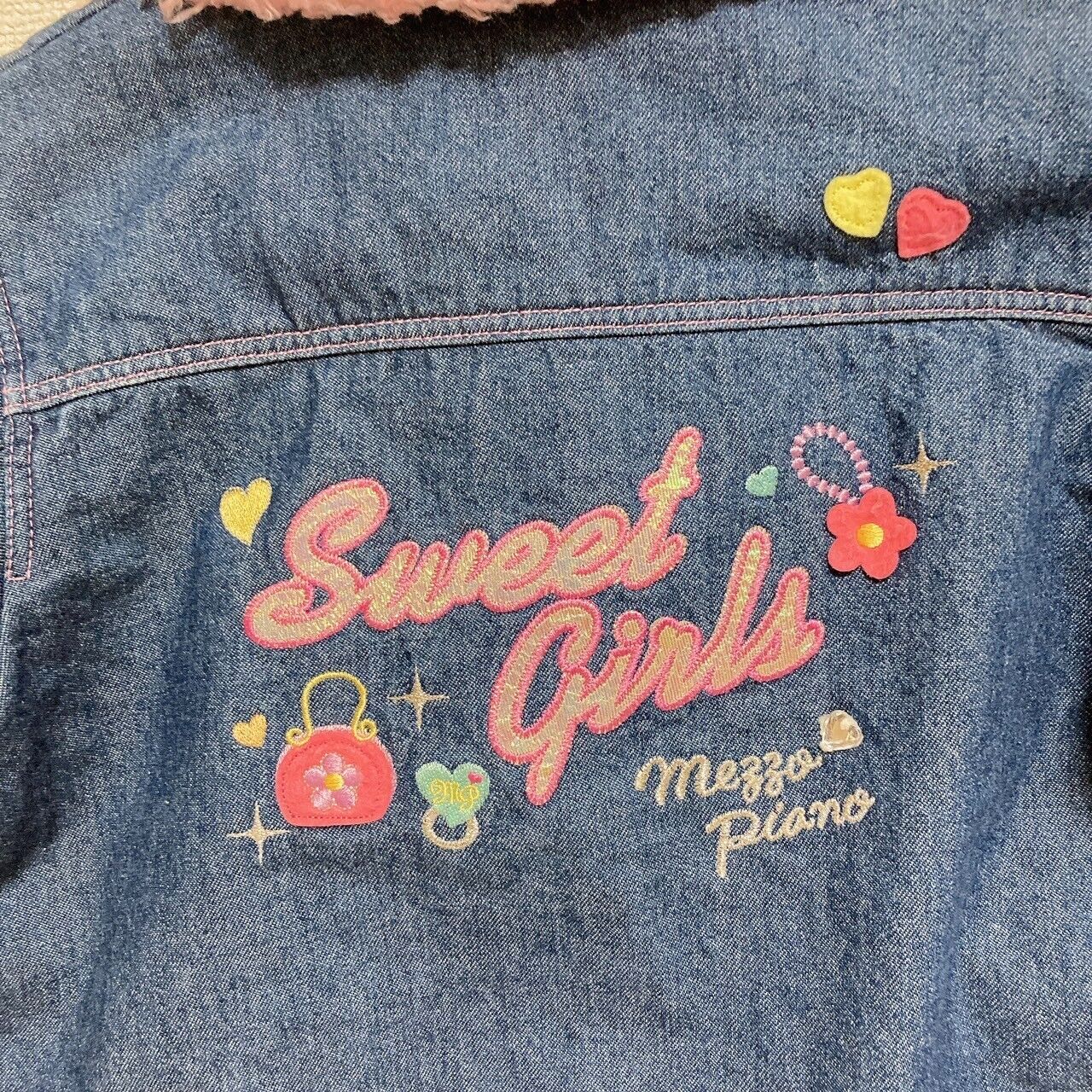 Mezzo Piano Denim Jacket 130 Collar Pink Fluffy Navy Heart Flower Pocket Button