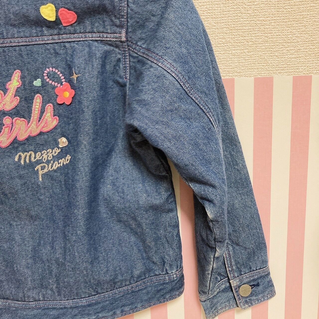 Mezzo Piano Denim Jacket 130 Collar Pink Fluffy Navy Heart Flower Pocket Button