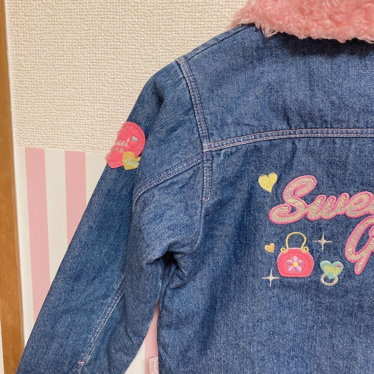 Mezzo Piano Denim Jacket 130 Collar Pink Fluffy Navy Heart Flower Pocket Button