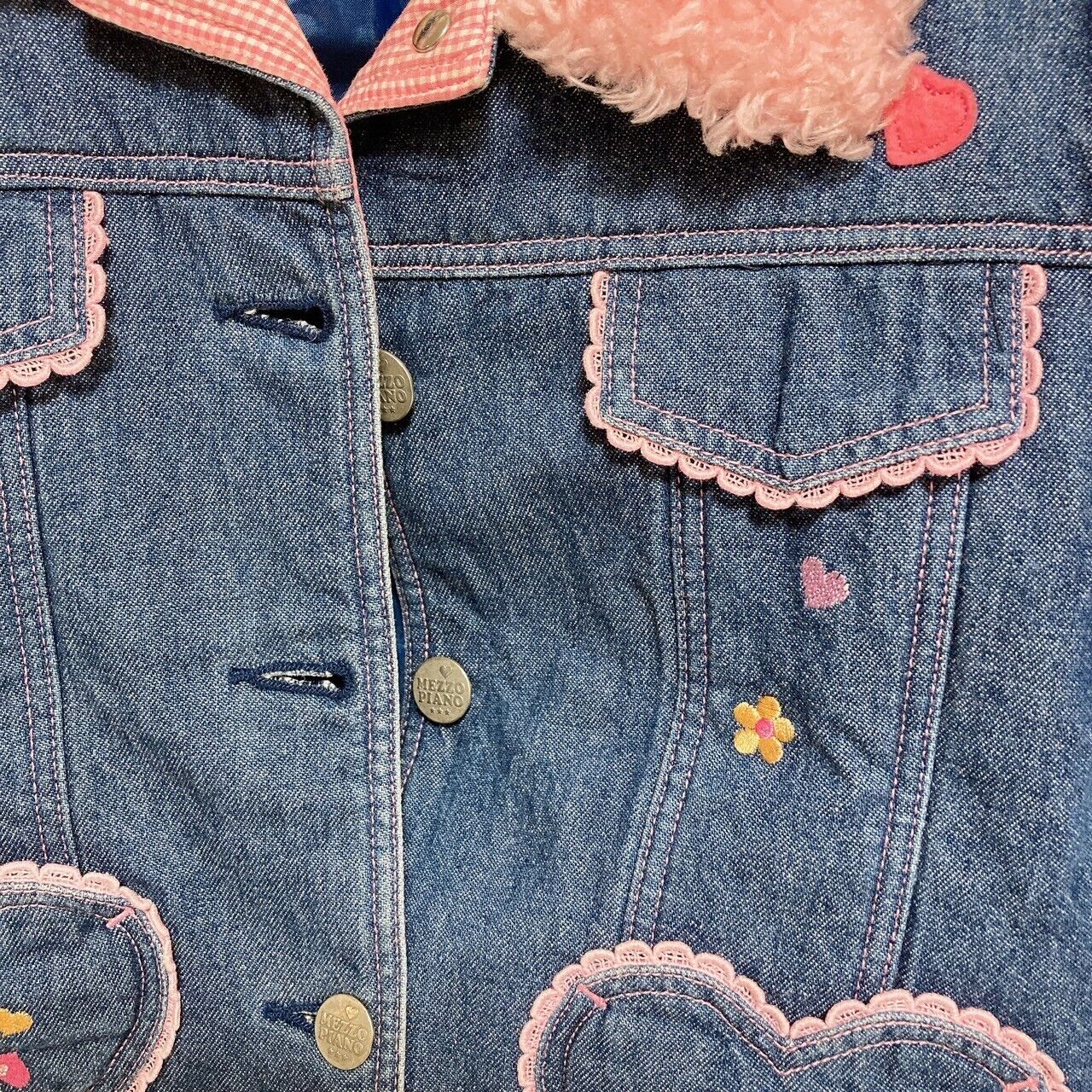 Mezzo Piano Denim Jacket 130 Collar Pink Fluffy Navy Heart Flower Pocket Button