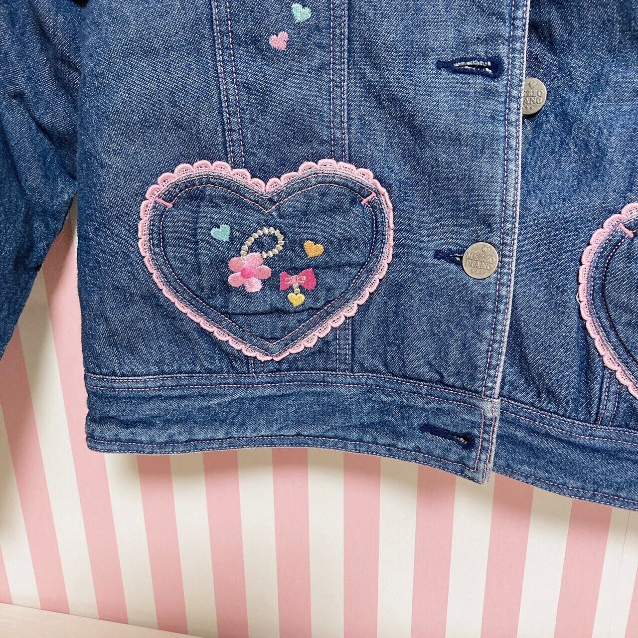 Mezzo Piano Denim Jacket 130 Collar Pink Fluffy Navy Heart Flower Pocket Button