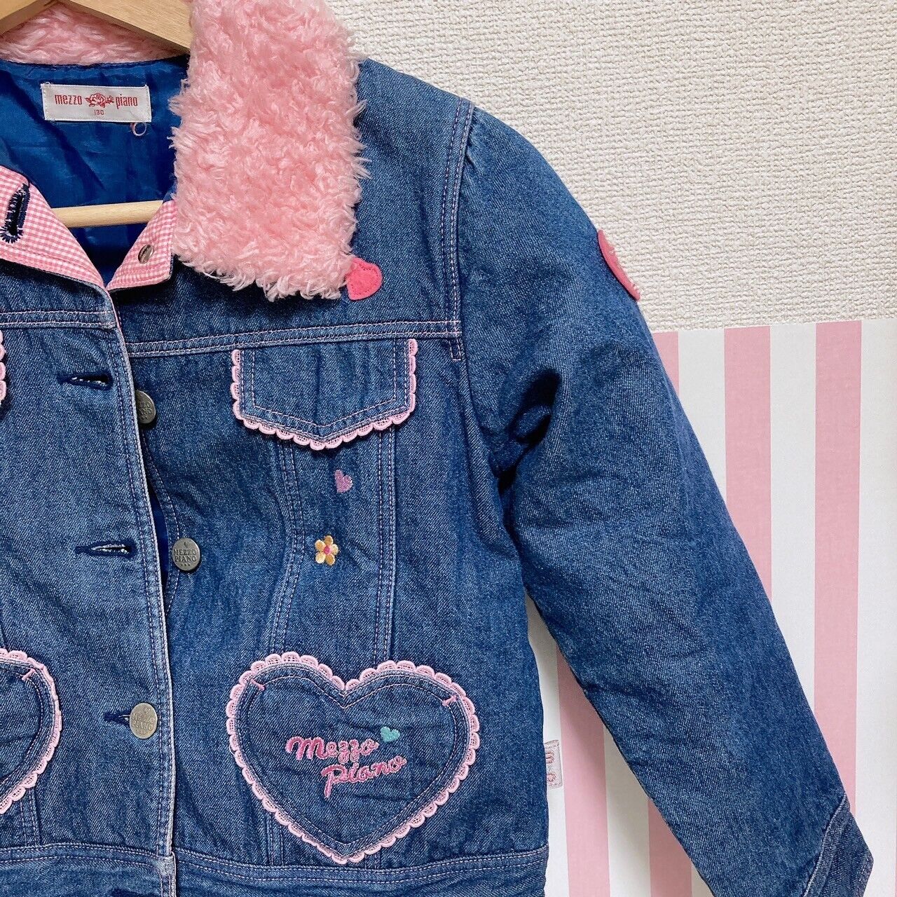 Mezzo Piano Denim Jacket 130 Collar Pink Fluffy Navy Heart Flower Pocket Button