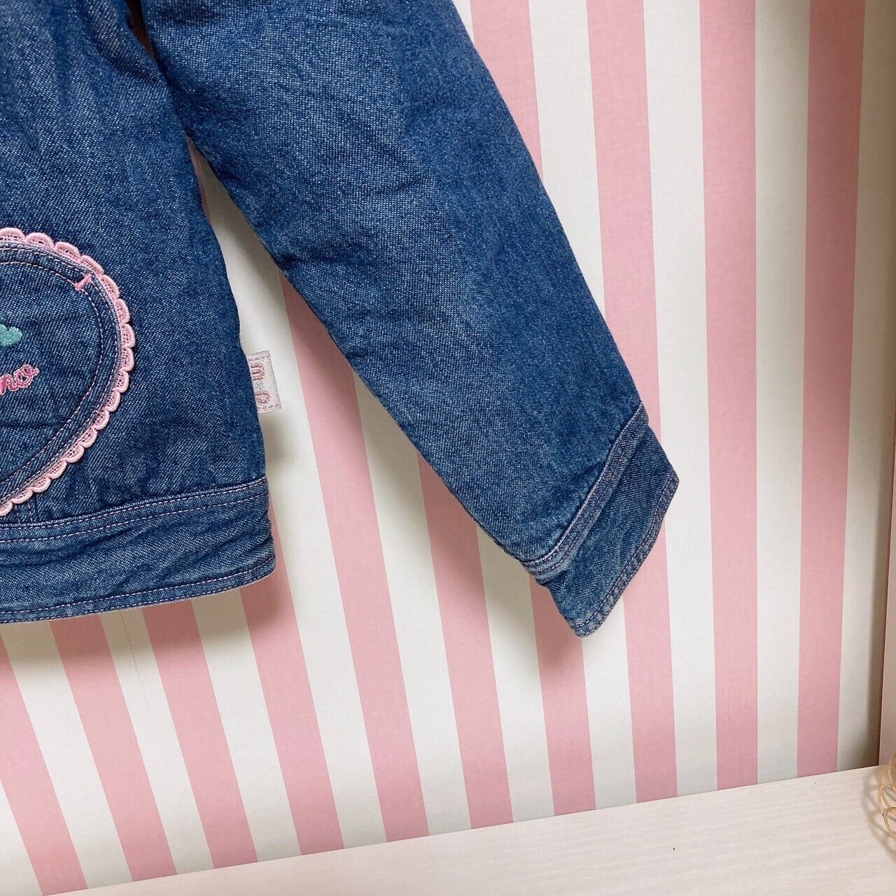 Mezzo Piano Denim Jacket 130 Collar Pink Fluffy Navy Heart Flower Pocket Button