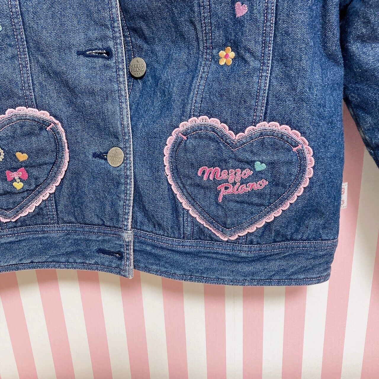 Mezzo Piano Denim Jacket 130 Collar Pink Fluffy Navy Heart Flower Pocket Button