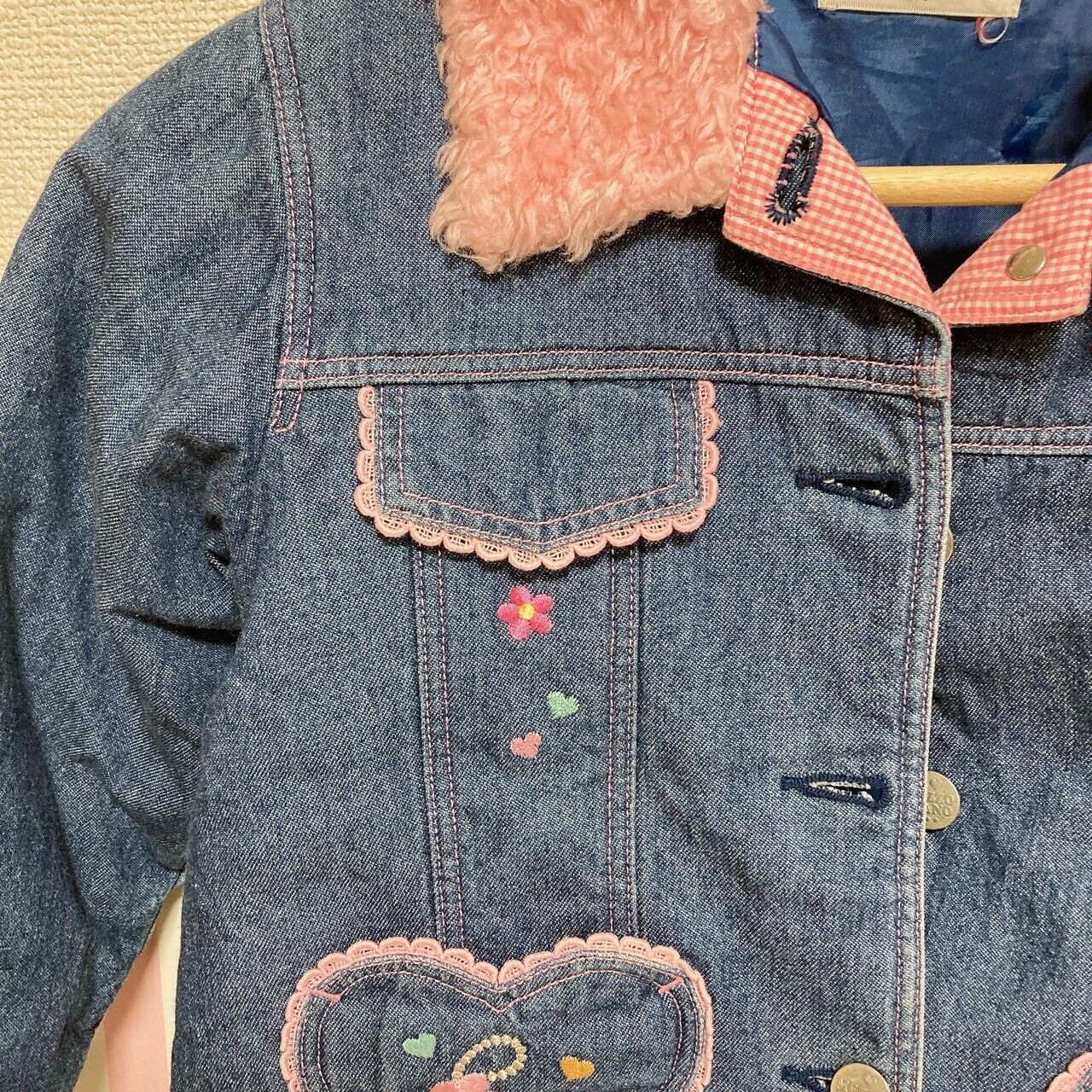 Mezzo Piano Denim Jacket 130 Collar Pink Fluffy Navy Heart Flower Pocket Button