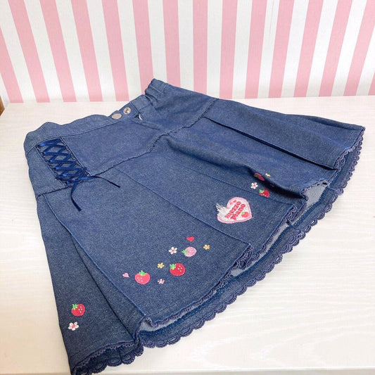 Mezzo Piano Denim Pleated Skirt Strawberry 120 Size Heart Flower Lace Frill Rare