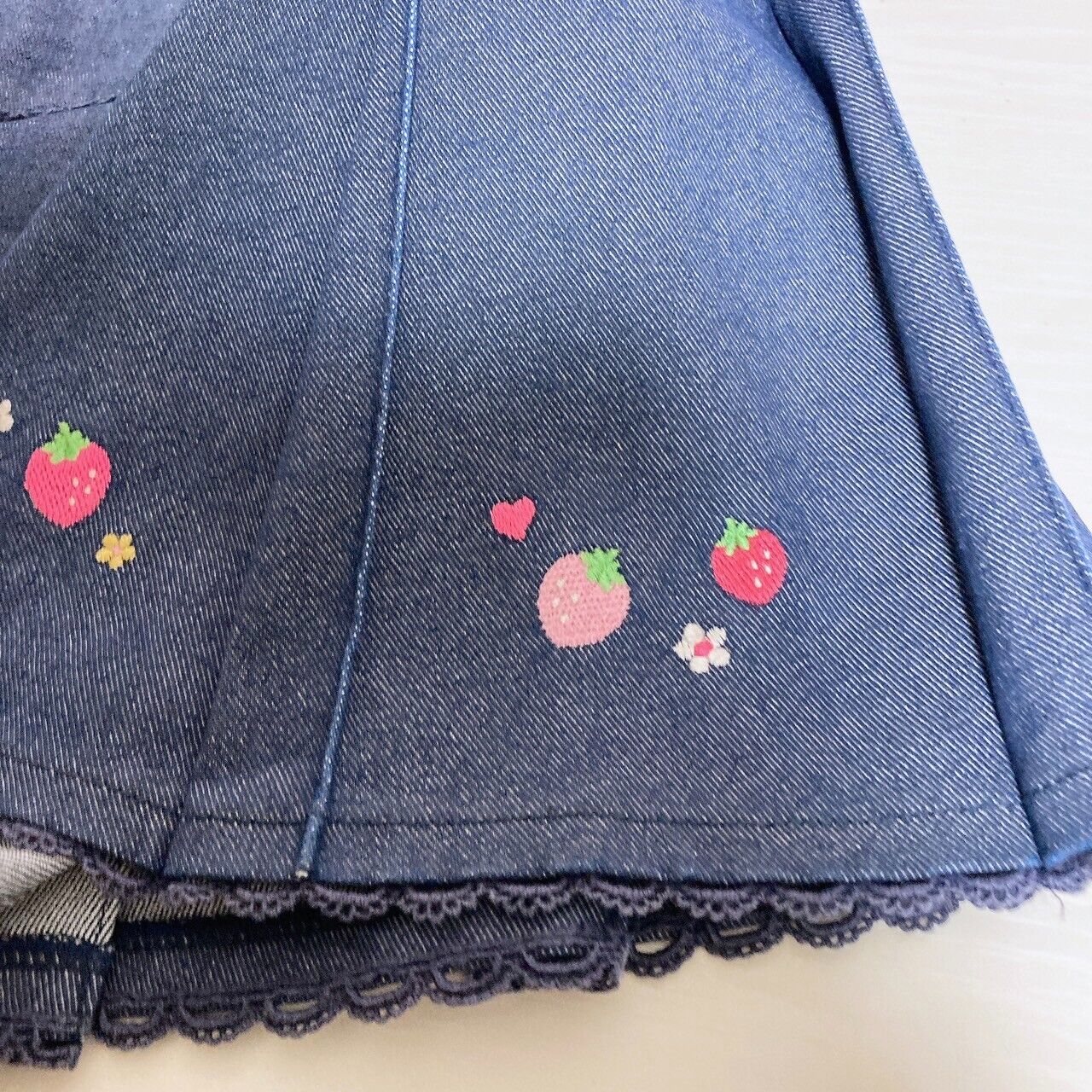 Mezzo Piano Denim Pleated Skirt Strawberry 120 Size Heart Flower Lace Frill Rare