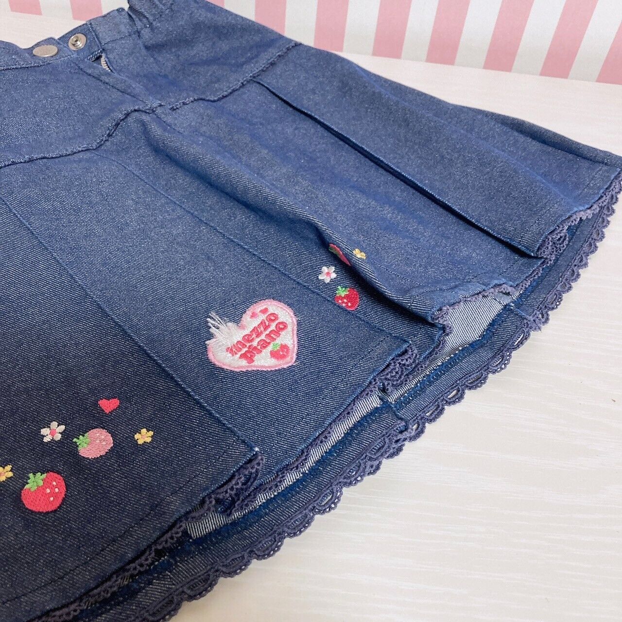 Mezzo Piano Denim Pleated Skirt Strawberry 120 Size Heart Flower Lace Frill Rare