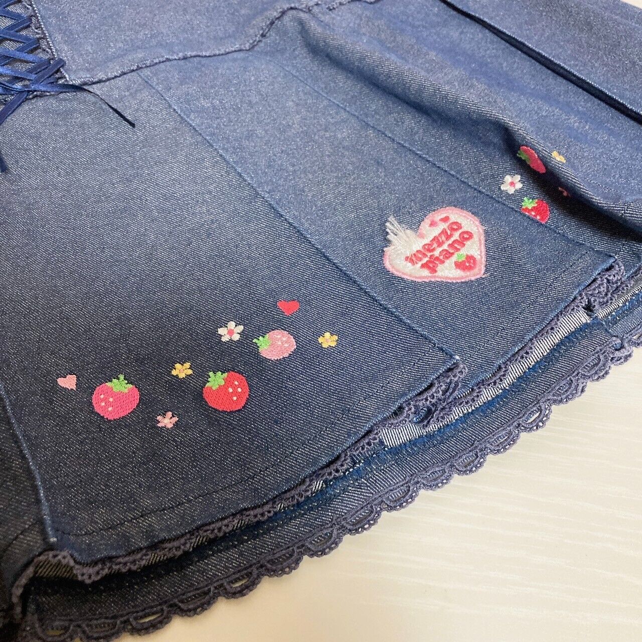 Mezzo Piano Denim Pleated Skirt Strawberry 120 Size Heart Flower Lace Frill Rare