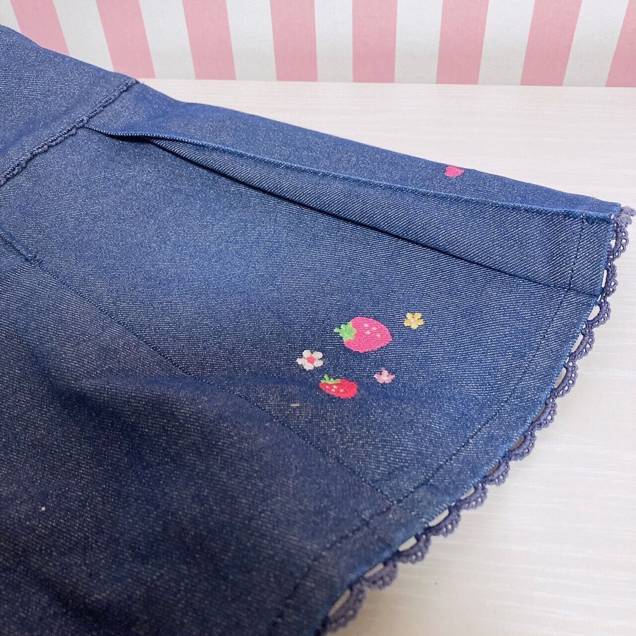 Mezzo Piano Denim Pleated Skirt Strawberry 120 Size Heart Flower Lace Frill Rare