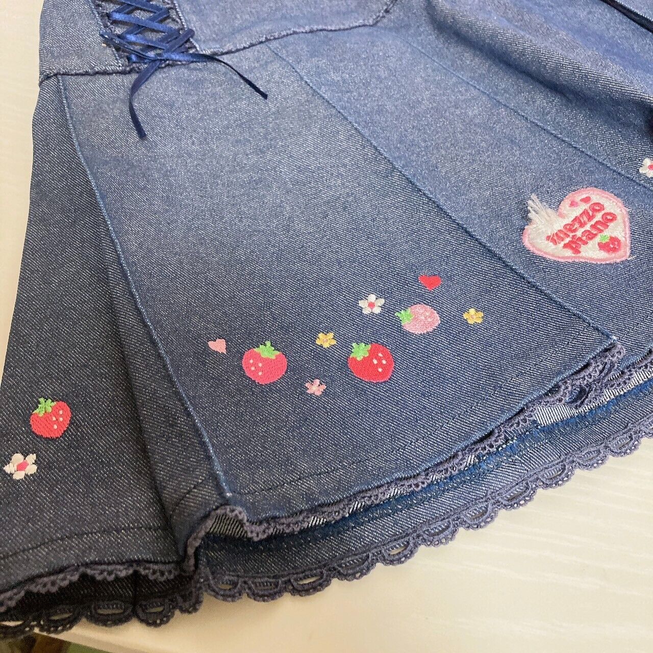 Mezzo Piano Denim Pleated Skirt Strawberry 120 Size Heart Flower Lace Frill Rare