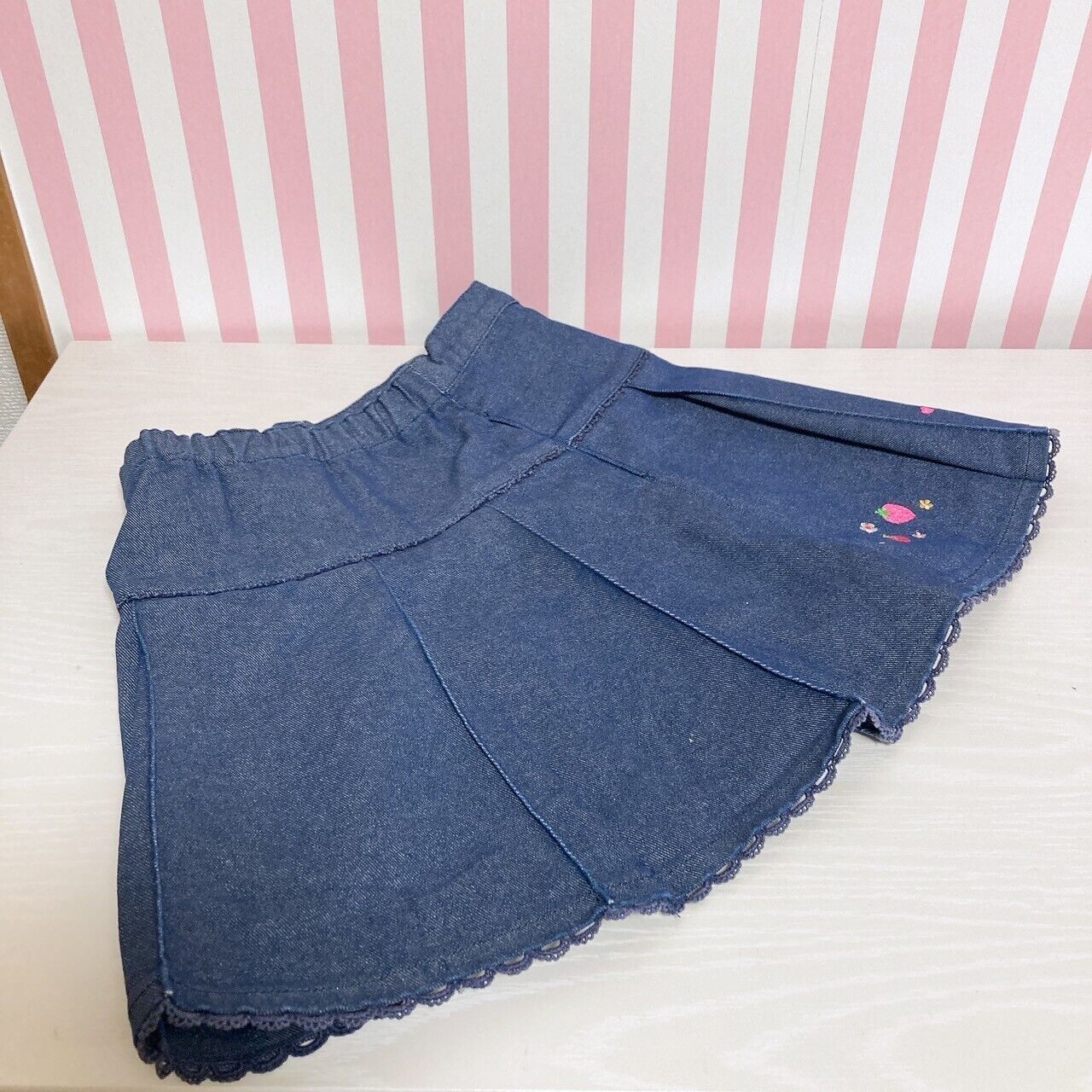 Mezzo Piano Denim Pleated Skirt Strawberry 120 Size Heart Flower Lace Frill Rare