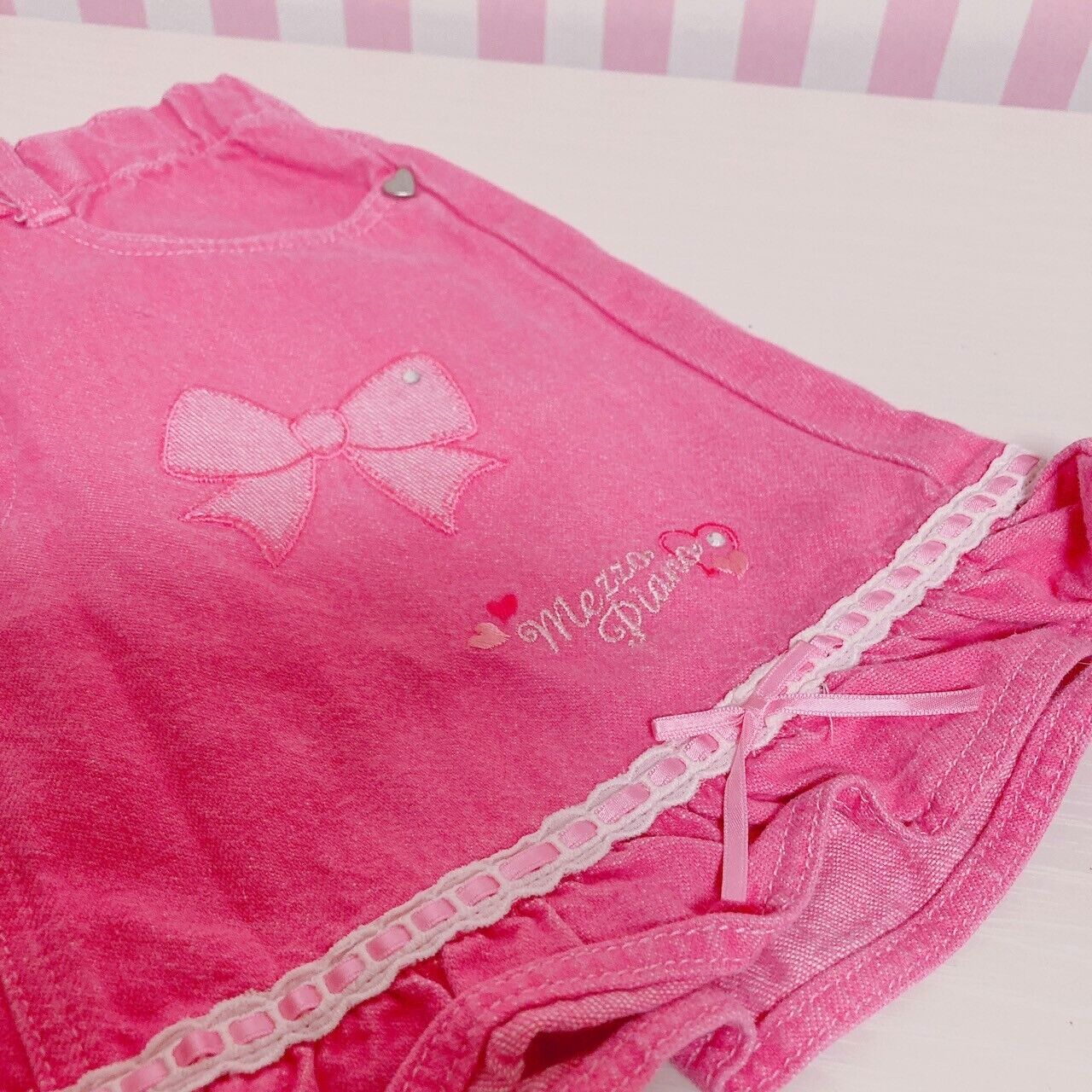 Mezzo Piano Skirt 110 Size Pink Frill Ribbon Heart Pocket Kids Kawaii Cute Rare