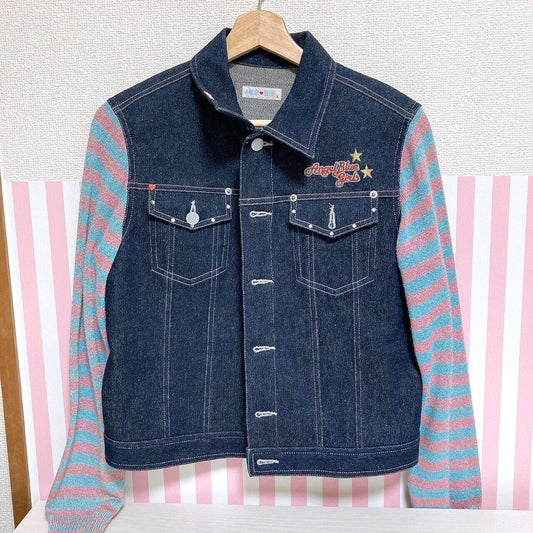 Angel Blue Denim Jacket 160 Size Ice Cream Stripe Navy Blue Pink Star Glitter