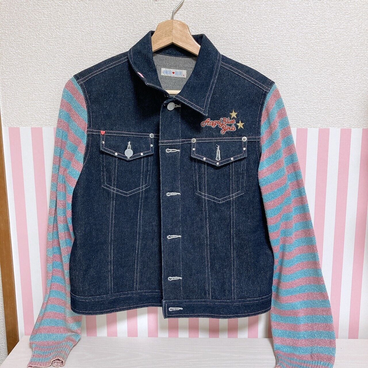 Angel Blue Denim Jacket 160 Size Ice Cream Stripe Navy Blue Pink Star Glitter