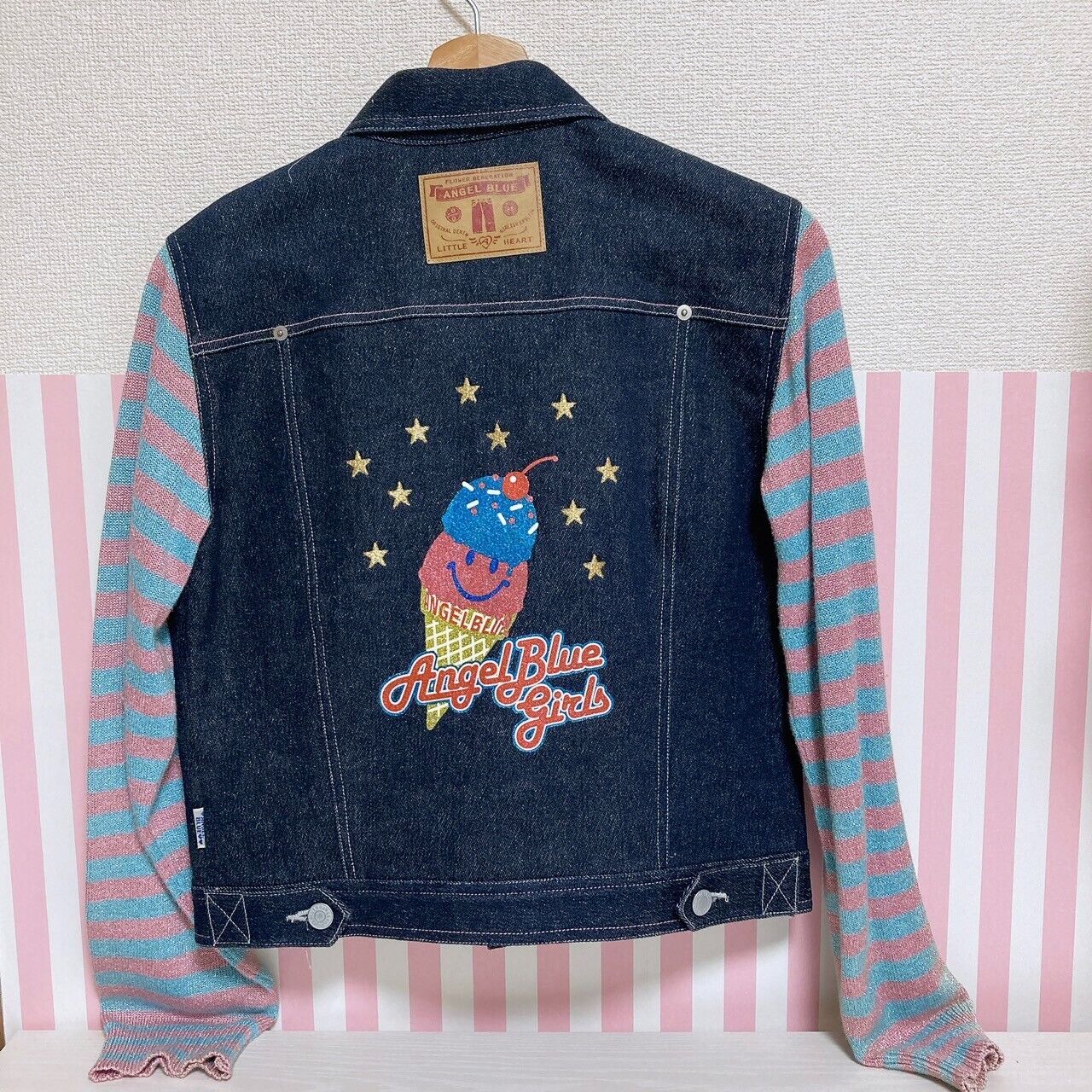 Angel Blue Denim Jacket 160 Size Ice Cream Stripe Navy Blue Pink Star Glitter