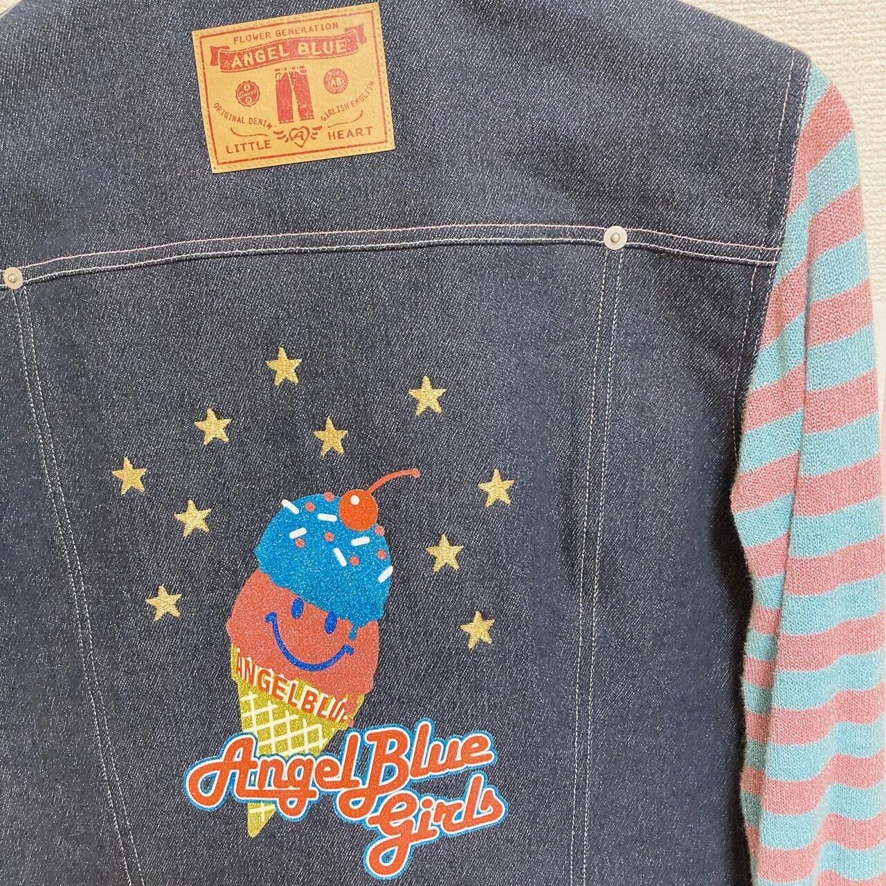 Angel Blue Denim Jacket 160 Size Ice Cream Stripe Navy Blue Pink Star Glitter