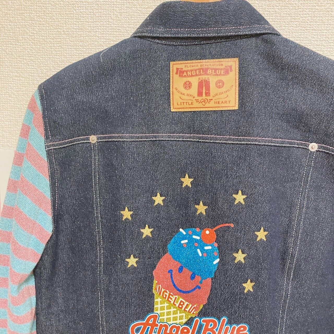 Angel Blue Denim Jacket 160 Size Ice Cream Stripe Navy Blue Pink Star Glitter