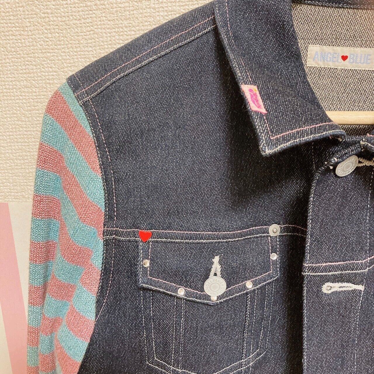 Angel Blue Denim Jacket 160 Size Ice Cream Stripe Navy Blue Pink Star Glitter