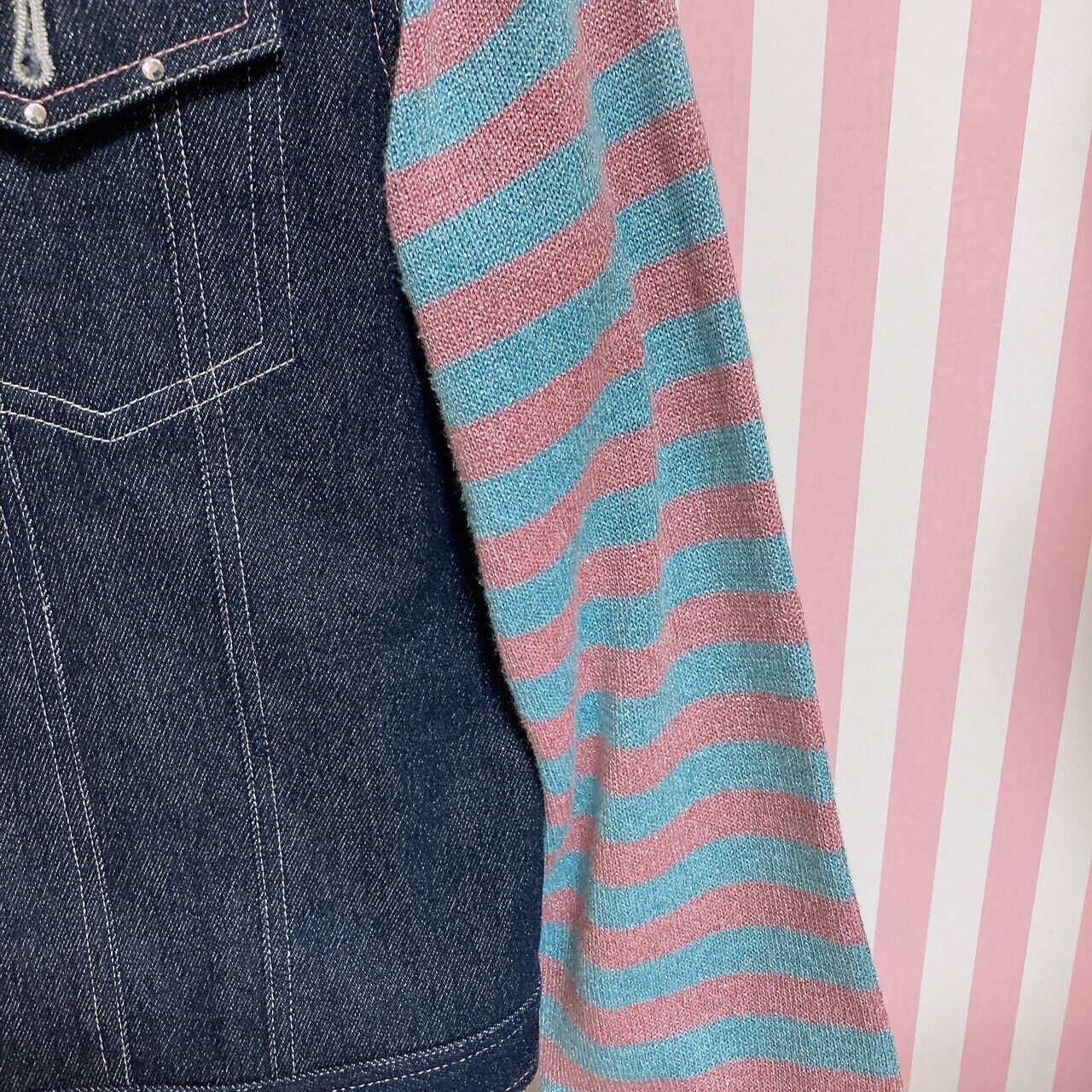 Angel Blue Denim Jacket 160 Size Ice Cream Stripe Navy Blue Pink Star Glitter