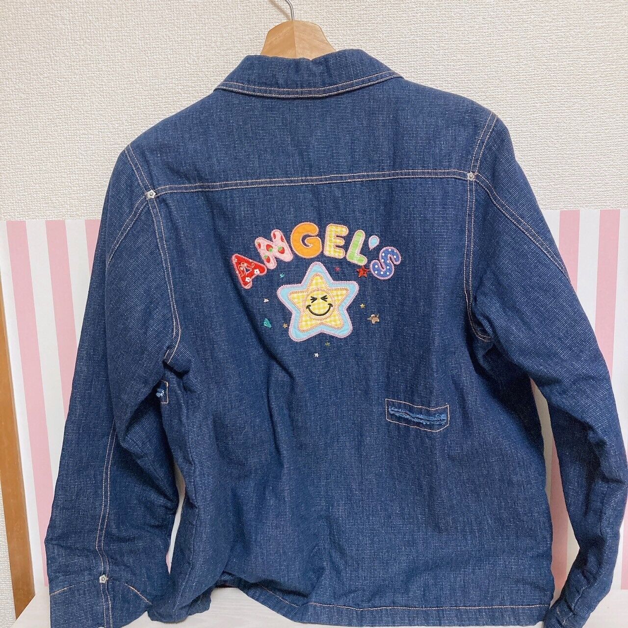 Angel Blue Denim Jacket 160 Size Star Navy Red Pocket Button Smile Kawaii Rare