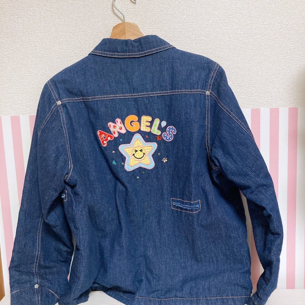 Angel Blue Denim Jacket 160 Size Star Navy Red Pocket Button Smile Kawaii Rare