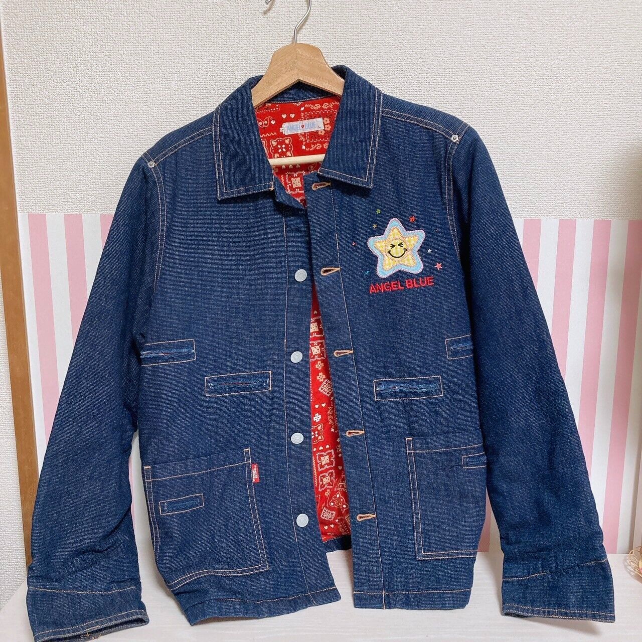 Angel Blue Denim Jacket 160 Size Star Navy Red Pocket Button Smile Kawaii Rare