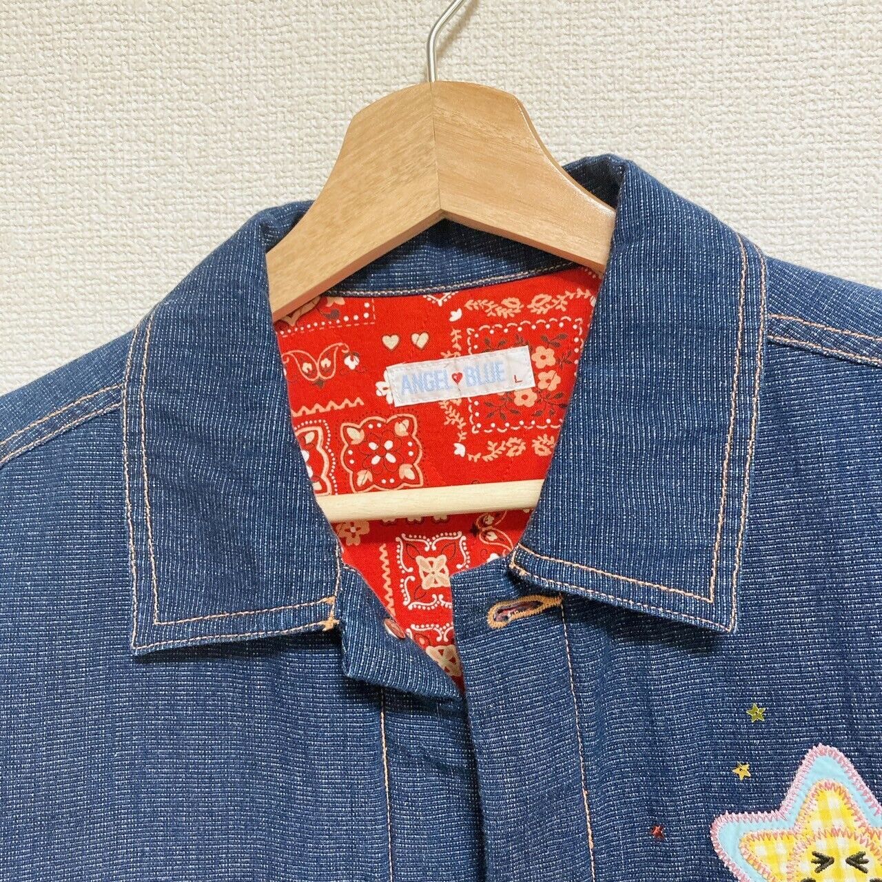 Angel Blue Denim Jacket 160 Size Star Navy Red Pocket Button Smile Kawaii Rare