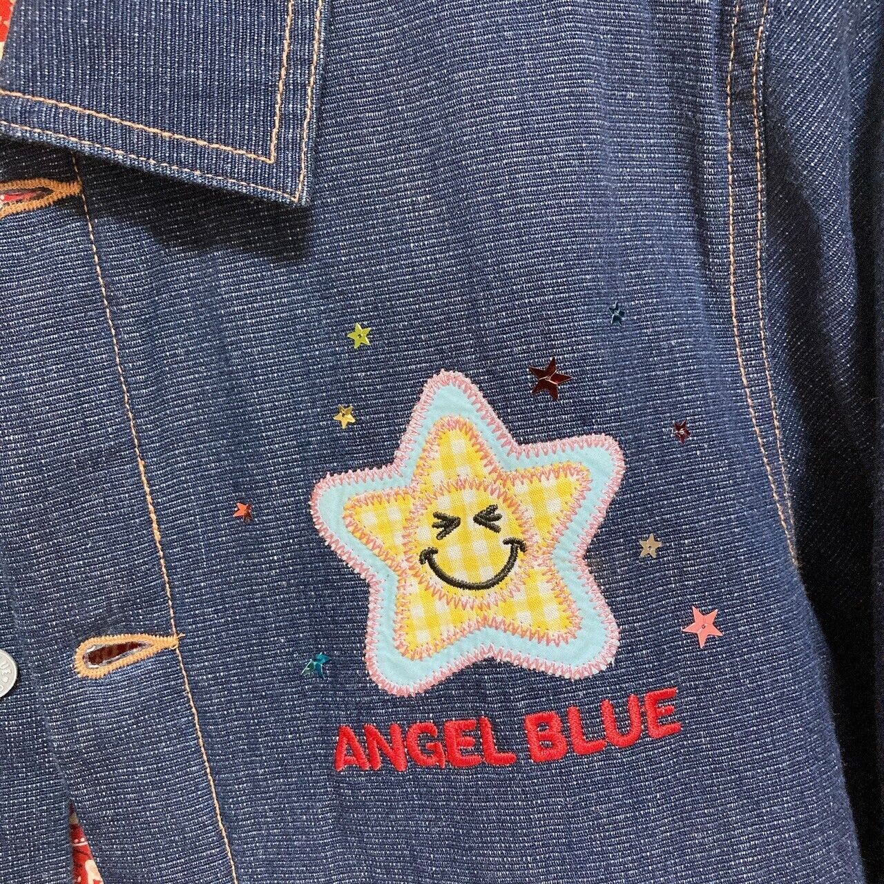 Angel Blue Denim Jacket 160 Size Star Navy Red Pocket Button Smile Kawaii Rare