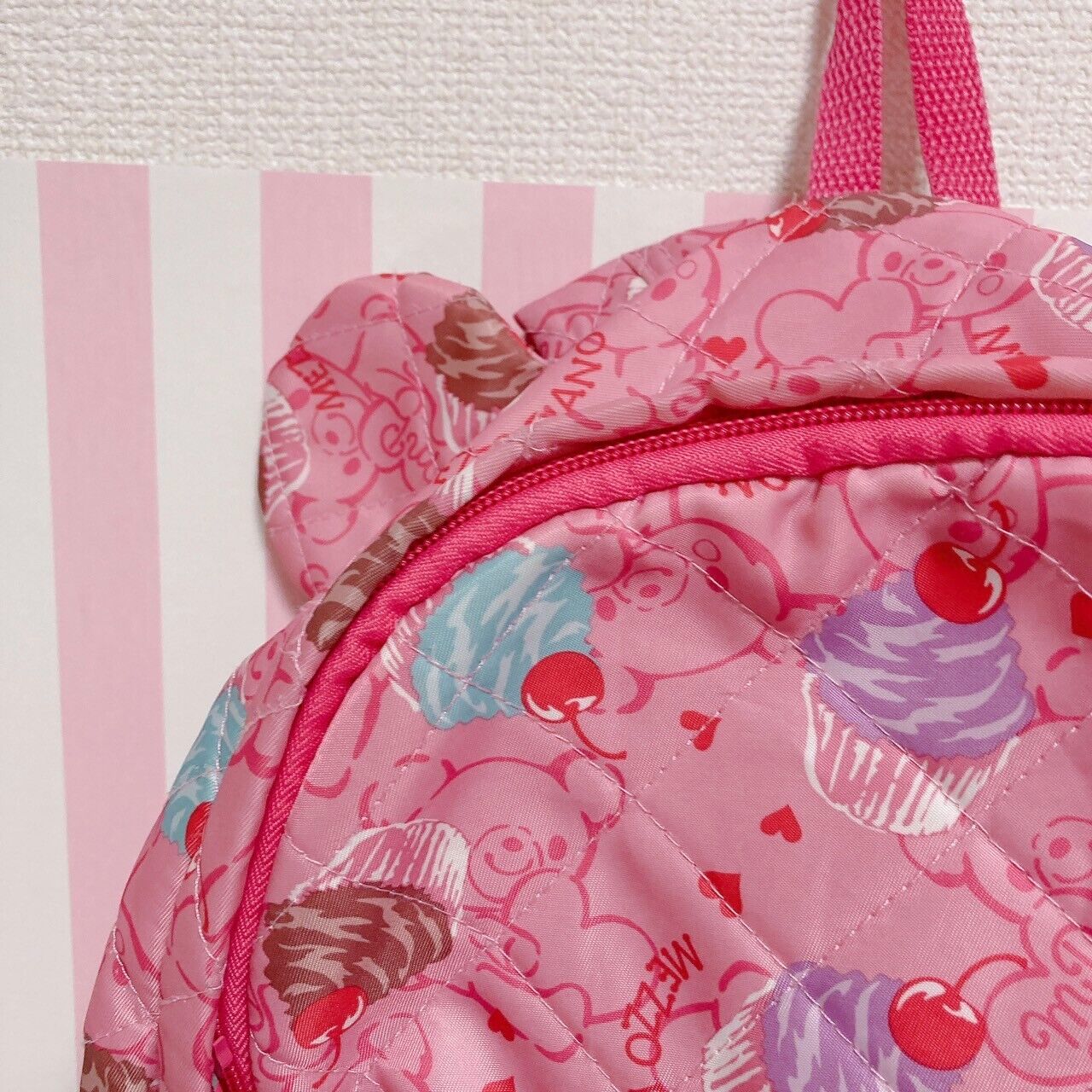 Mezzo Piano Backpack Rucksack School Bag Bear Ears Pink Cupcake Nylon Quilting