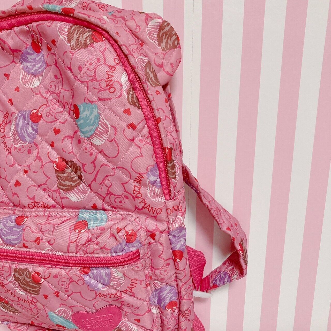 Mezzo Piano Backpack Rucksack School Bag Bear Ears Pink Cupcake Nylon Quilting