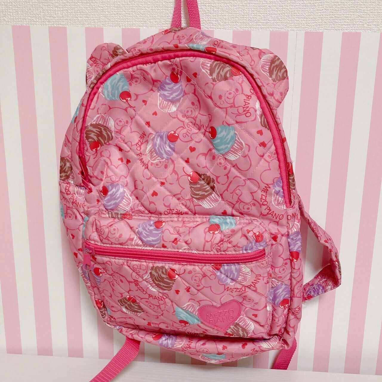 Mezzo Piano Backpack Rucksack School Bag Bear Ears Pink Cupcake Nylon Quilting