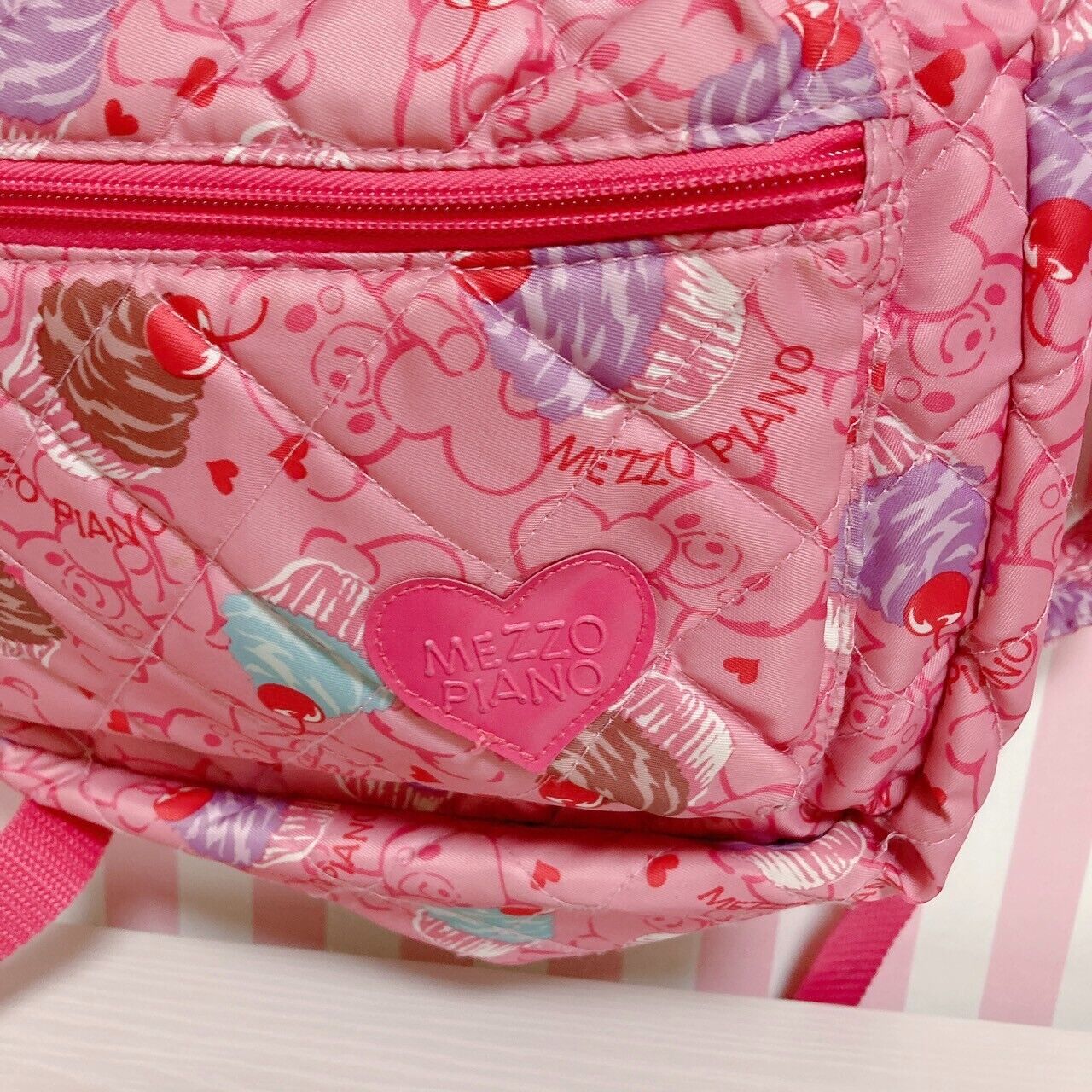 Mezzo Piano Backpack Rucksack School Bag Bear Ears Pink Cupcake Nylon Quilting