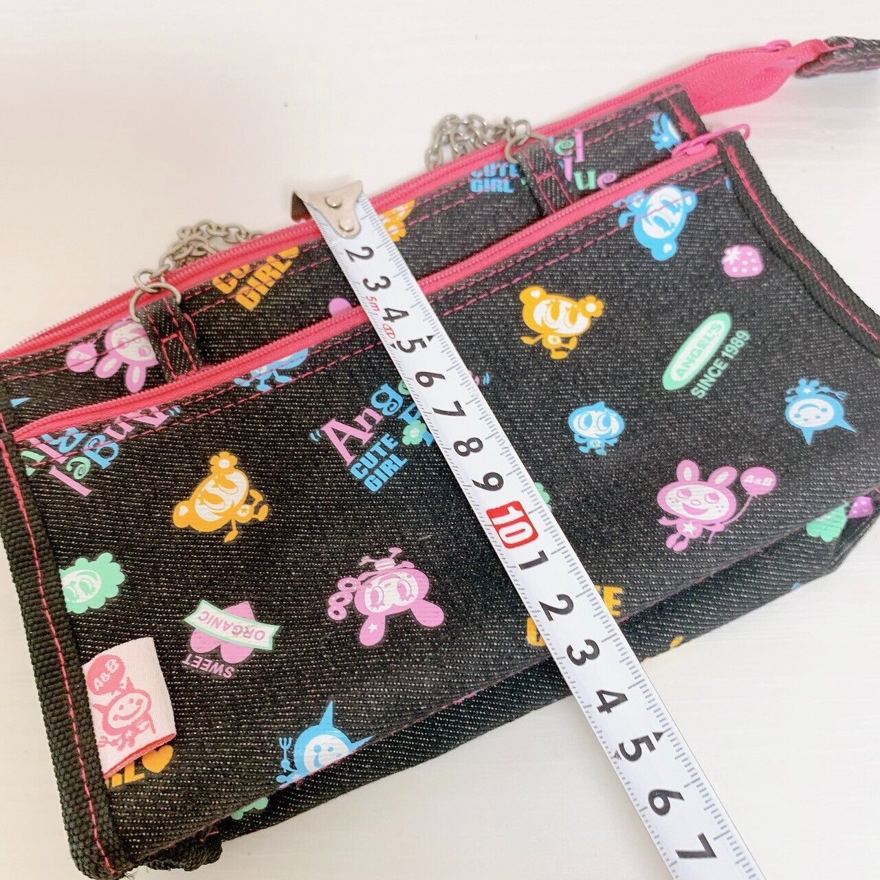 Angel Blue Pencil Case Chain Black Denim Pink Rabbit Bear Character Kawaii Rare