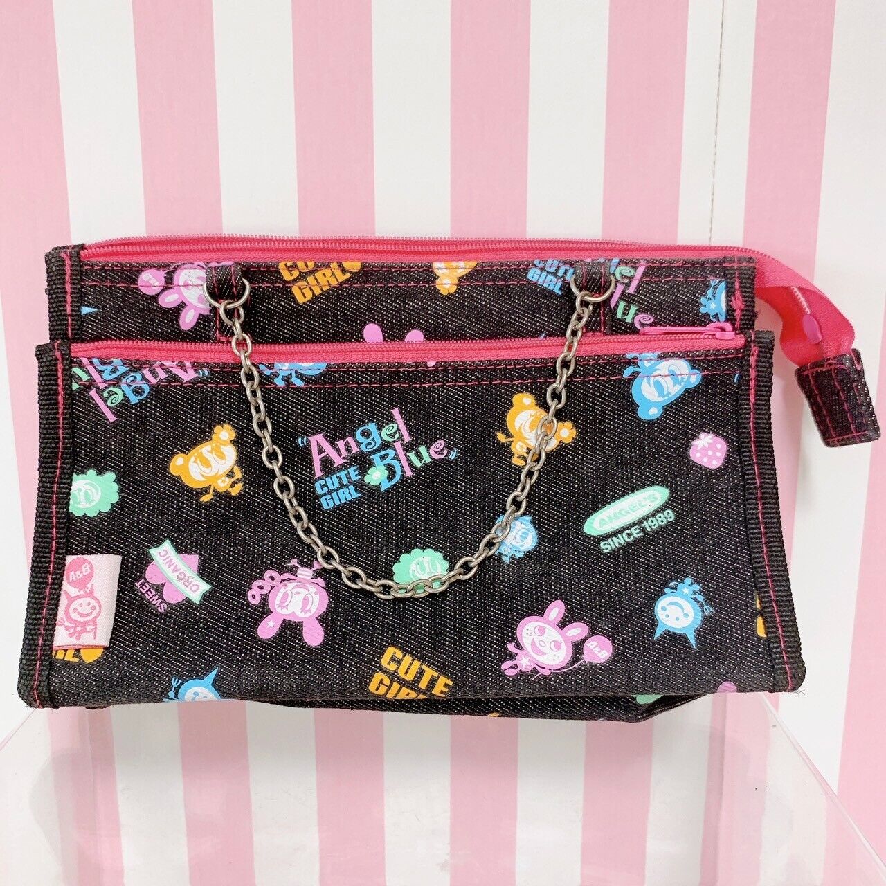 Angel Blue Pencil Case Chain Black Denim Pink Rabbit Bear Character Kawaii Rare