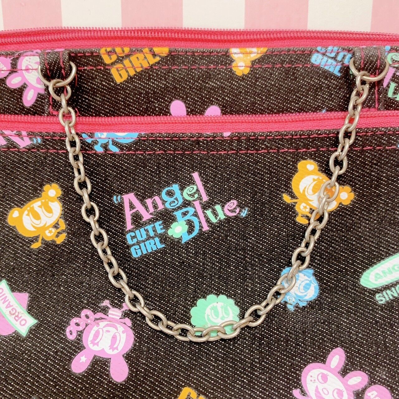 Angel Blue Pencil Case Chain Black Denim Pink Rabbit Bear Character Kawaii Rare