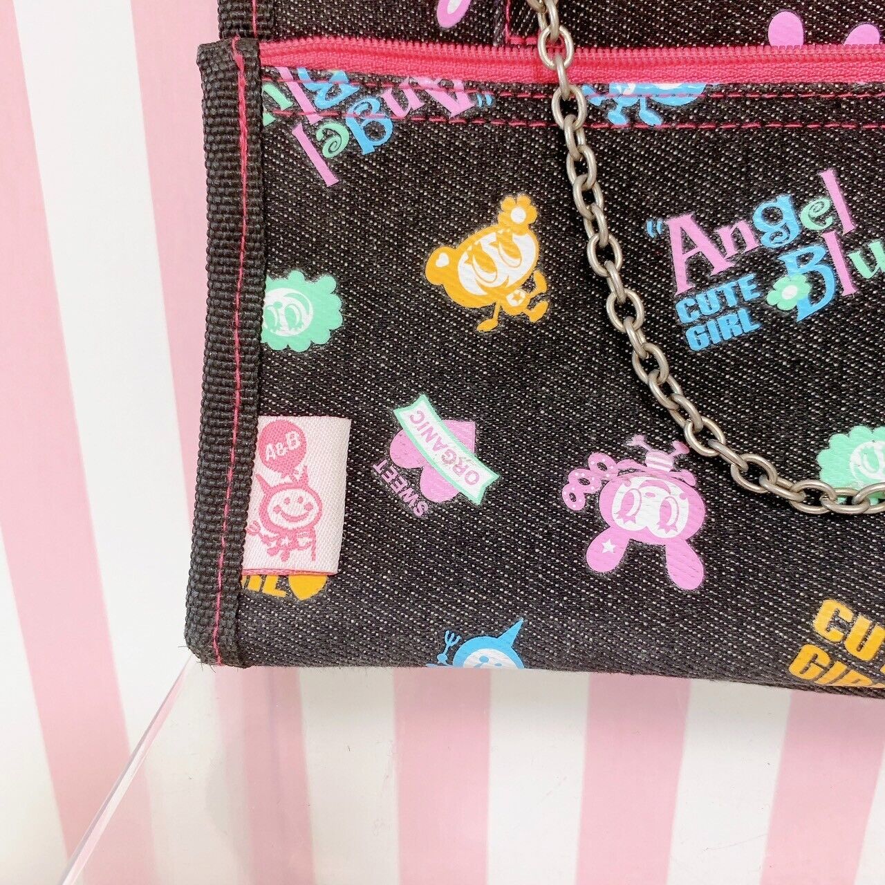 Angel Blue Pencil Case Chain Black Denim Pink Rabbit Bear Character Kawaii Rare