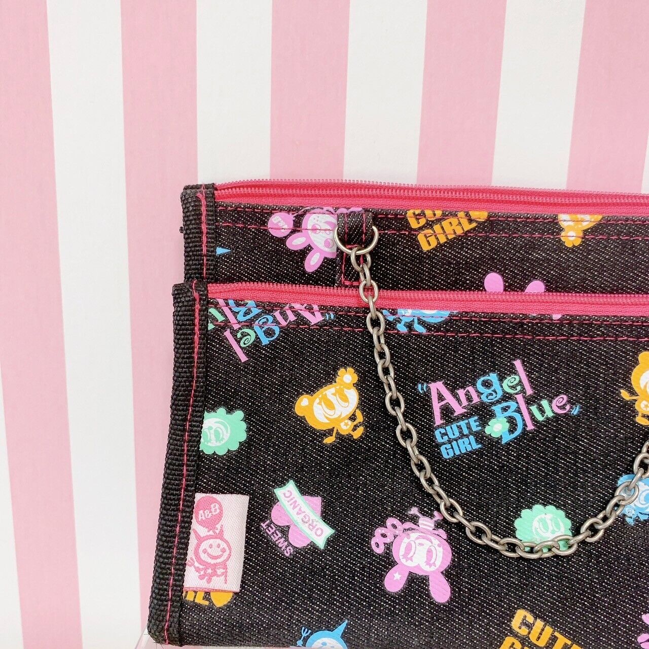 Angel Blue Pencil Case Chain Black Denim Pink Rabbit Bear Character Kawaii Rare