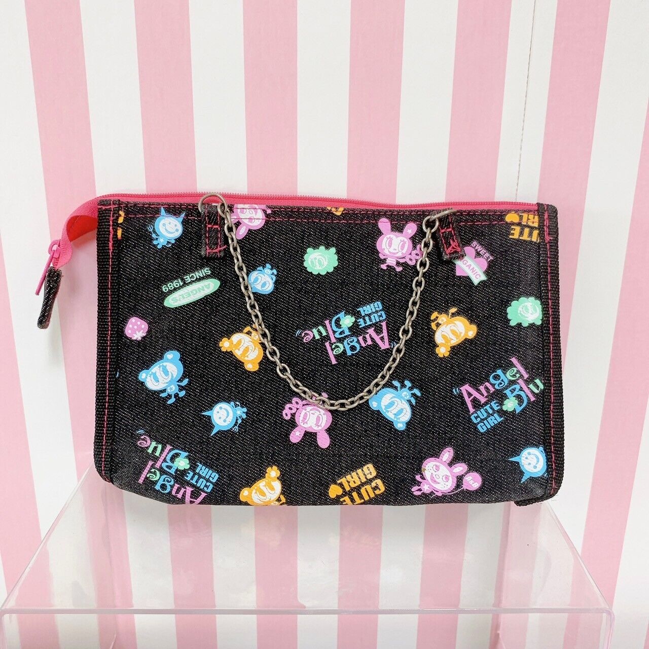 Angel Blue Pencil Case Chain Black Denim Pink Rabbit Bear Character Kawaii Rare