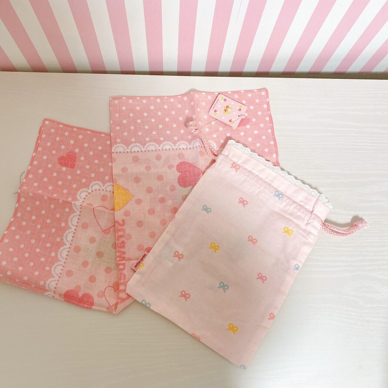 Mother Garden Purse Multi Cloth 2 Set Strawberry Ribbon Pink Dot Heart Kawaii