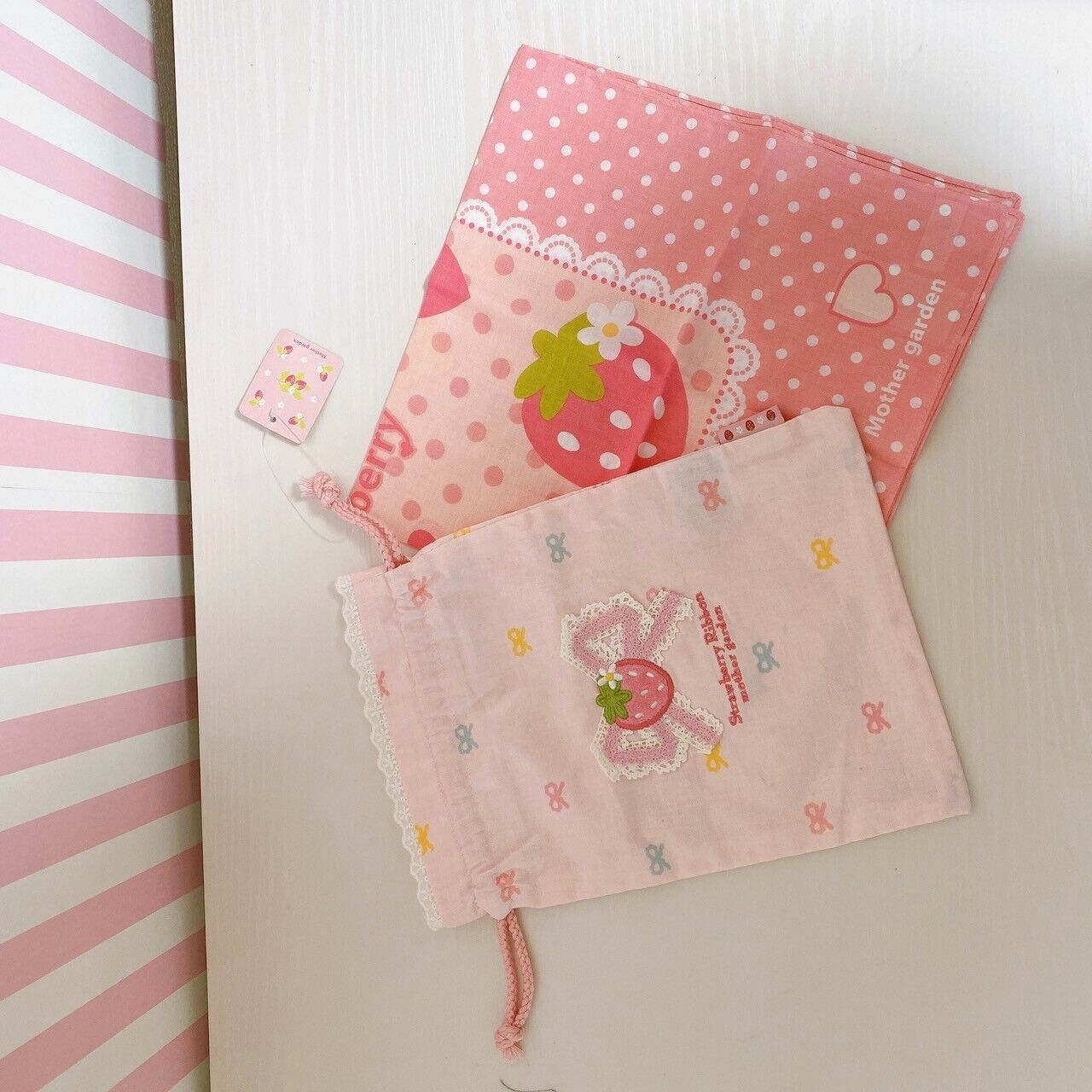 Mother Garden Purse Multi Cloth 2 Set Strawberry Ribbon Pink Dot Heart Kawaii